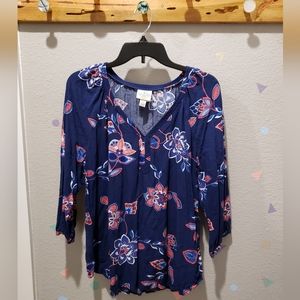 St. Johns Bay 3/4 Sleeve Blouse with Navy Abstract Floral Design